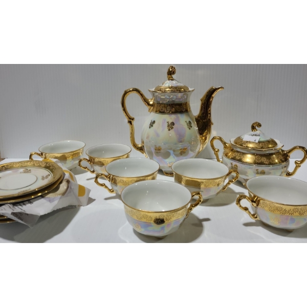 Vintage Europen Gold Plated Tea Set: Teapot 7 T, Mini Cups, Saucers 4.5" Diameter, Sugar Bowl 