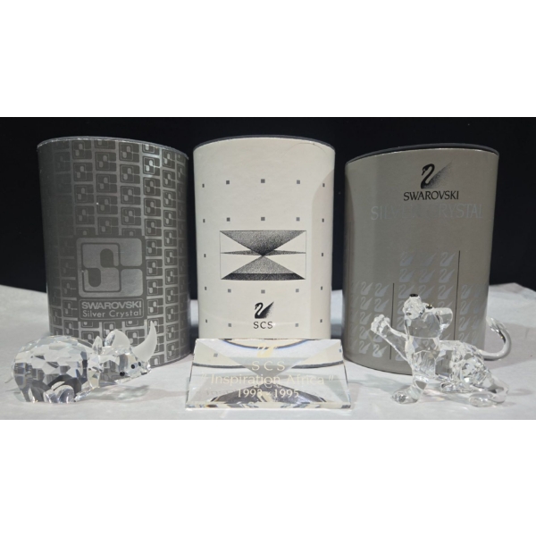 3 Swarovski Crystals In Original Boxes Rhinosaurus, Leopard & SCS