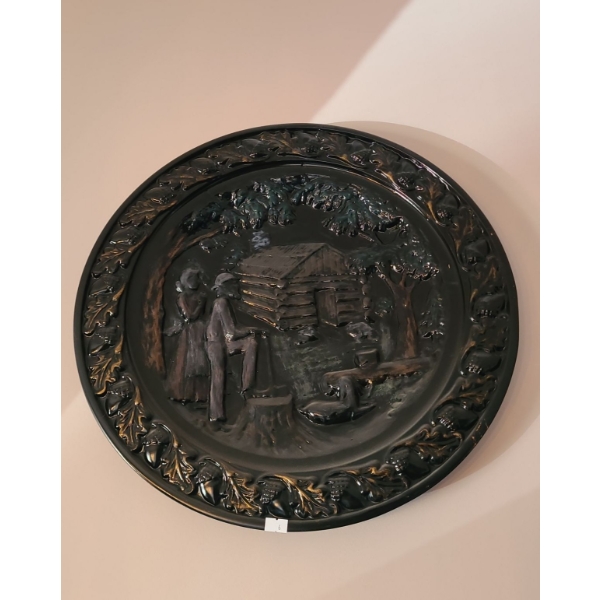 Collection of 9 Metal Plates- Largest 20" Diameter (Log Home Scene) and 8 Others (Scroll All Photos)