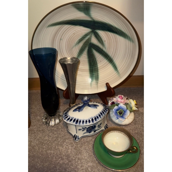 Vintage Kitchen Items-Porcelain Platter, Glassware & Ceramic  Bambo Design, Metal Vase, Tea Cup