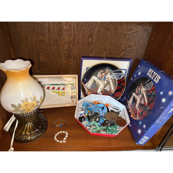 Keychain & Stamp Collection Plus Oil Lamp Style Electric Light, Elvis Collectable Plate & More 