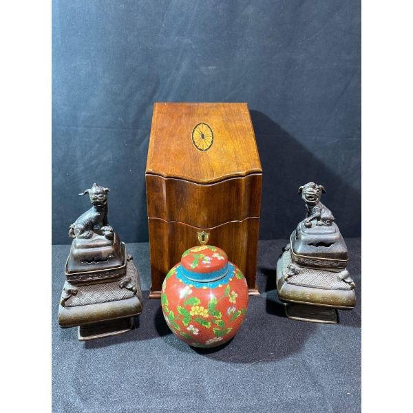 Antique Oriental Incense  Burner Pair Bronze? w/ Wood Jewellery Box & Oriental Enamel Trinket Holder