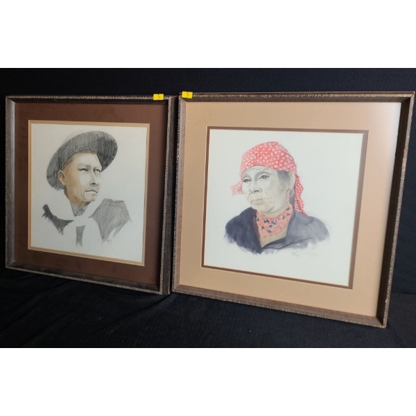 Pair of Portraits 17 X 17 Signature Illegible, Drawings Framed Under Glass