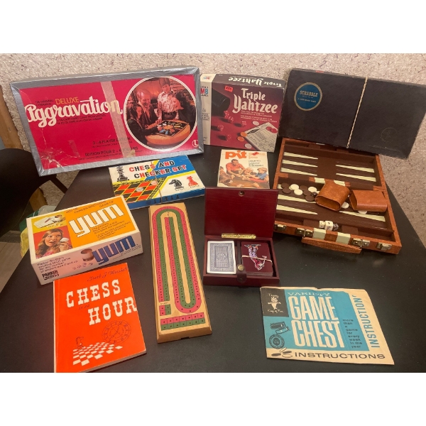 Collection of Vintage Games, Aggravation, Triple Yahtzee, Scrabble, Backgammon, Pit, Yum, Crib, Ches