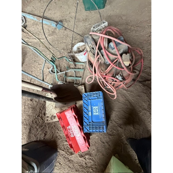 Plastic Pepsi and Coca-Cola pop containers, shovel, dollies chair, frame vintage insulators, and a c