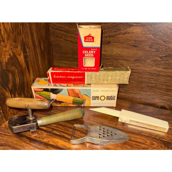 Vintage Kitchen Utensils & Items- Can Opener, Grator, Corn-Matic & More