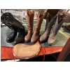 Image 1 : three pairs of leather vintage cowboy boots with a vintage gun case and leather flask
