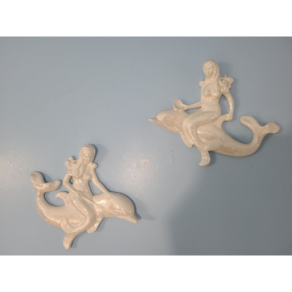 Pair of Ceramic Wall Decor Opalescent Mermaids Riding Dolphins 12 W, 11 T