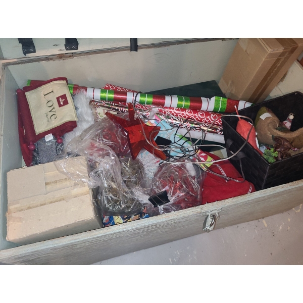Large Wooden Box with Holiday Decor. 72 w, 25 l, 25 h