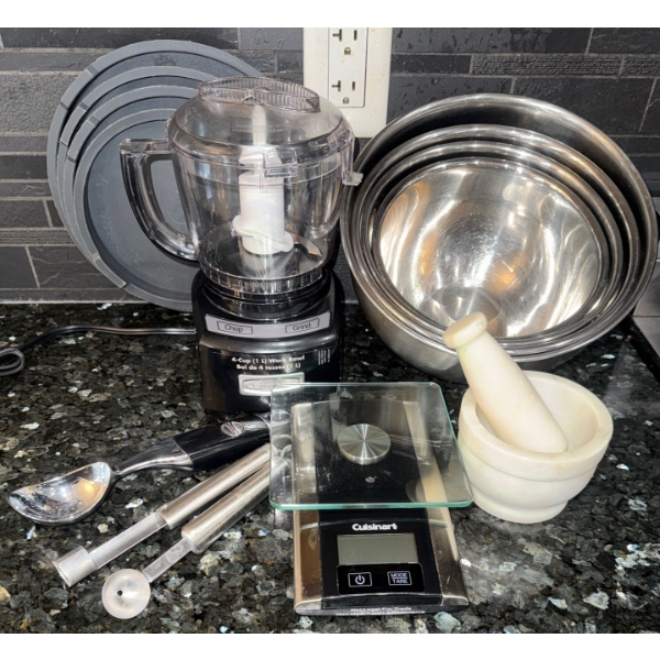 CuisineArt Kitchen Scale Food Processor Marble Mortar & Pestle w/ Lidded Mixing Bowls & More