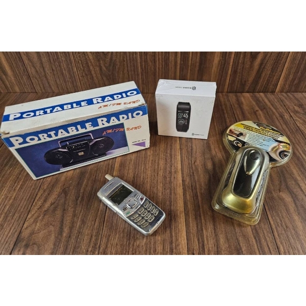 Lot Including Portable Radio, Vintage Mobile Phone, Smart Fitness Tracker Box, and LED Flashlight