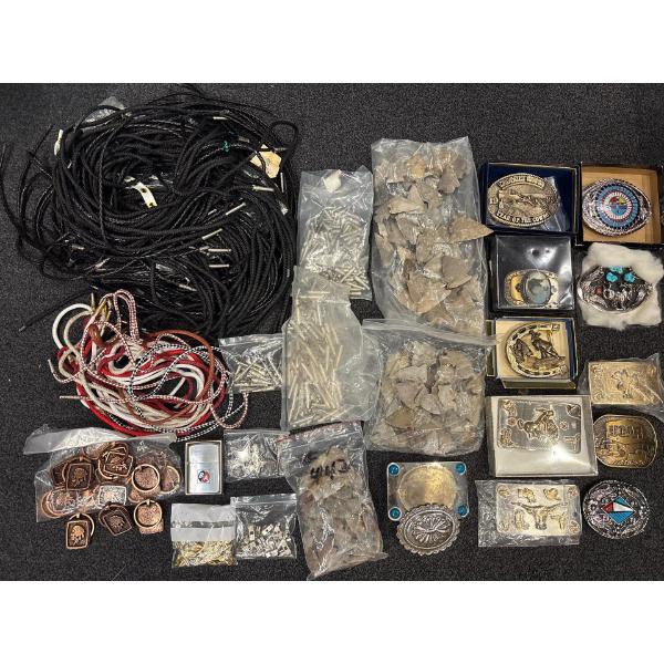 Necklace Rope and Accessories, Multiple Size Arrowheads, Belt Buckles, Keychains, Lighter