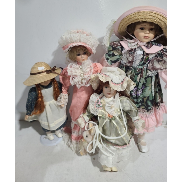 Assorted Dolls: "Anne" 13.5 T, Pink Dress 18.5 T, Holding Bunny 15 T, Flower Dress 24 T
