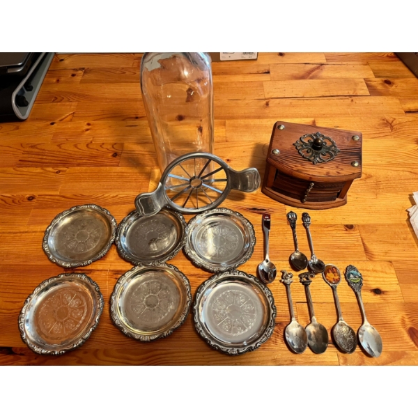 Canadian Dominion glass milk bottle circa 1948, apple slicer, spoon collection, silver plated coaste