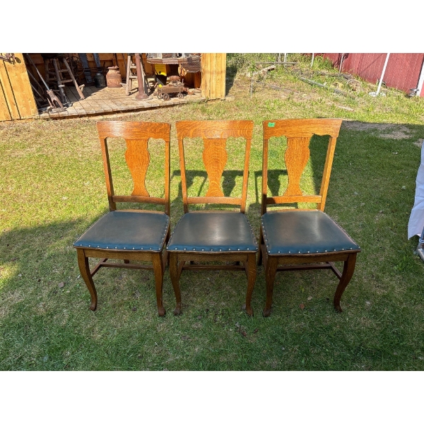 4 Oak Antique Chairs With Blue Leather seating Surface W18" H37"  