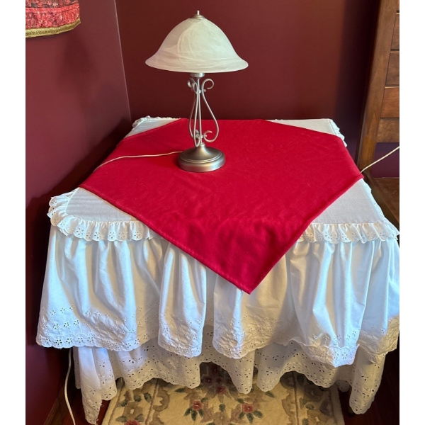 Metal Table (30W, 31D, 27T) w/ Lovely Linens, Metal Lamp 