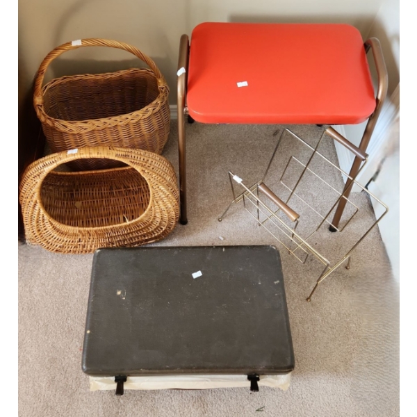Vintage Suitcase 18 W, 11.5 D, 5.5 T (When Flat), Stool 17.5 W, 11.5 D, 17.5 T , Mag Rack, Baskets