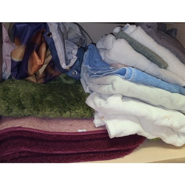 Sunshine Shower Curtain, Bathmats (Burgundy 35 X 23) and Towels