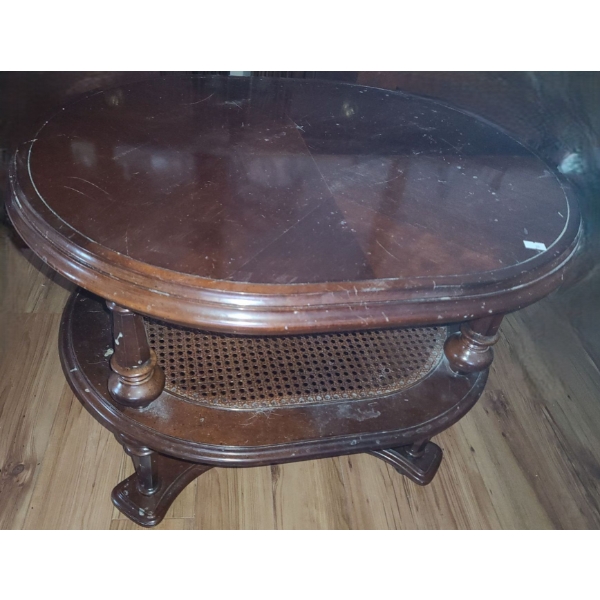 Pair of Oval Side Tables with Rattan Inlay Shelf 27 W, 21 D, 22 T