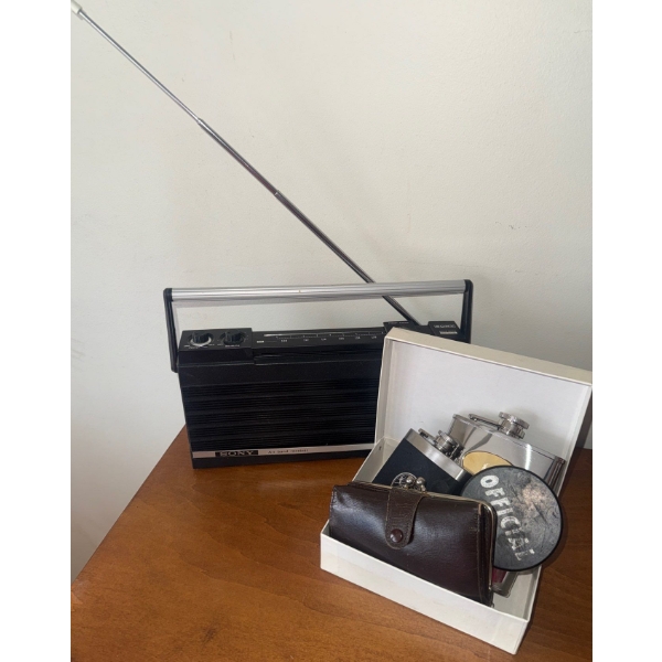 Game Goer Must Haves - Portable SONY TR-8460 Radio Reciever w/ Liquor Flasks & More