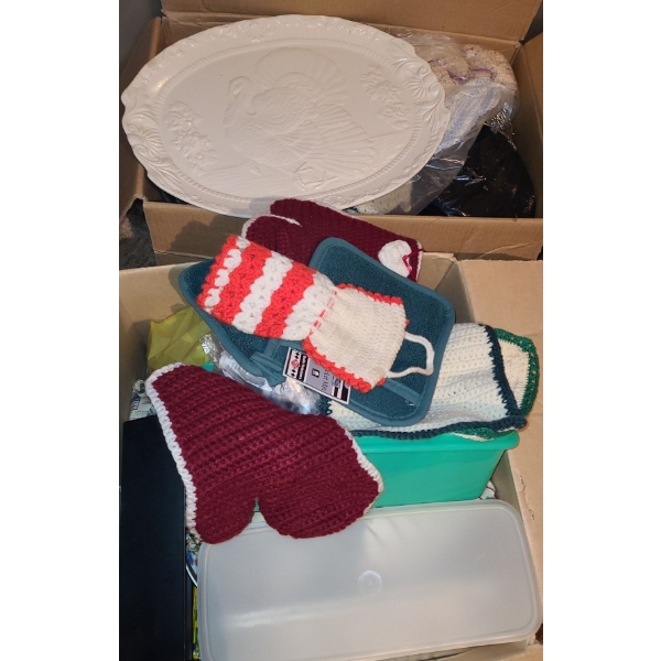 Two Boxes of Kitchenware: Turkey Platter 15.5 X 20, Tupperware, Fry Basket, Crochet Items and More!