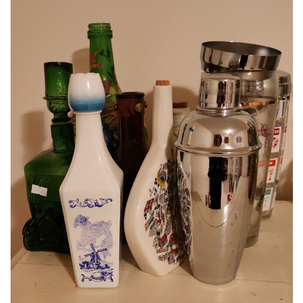 Italian Green Glass Coach Decanter, Painted Jug w/ Flowers 12 T, Straw Holders and More!