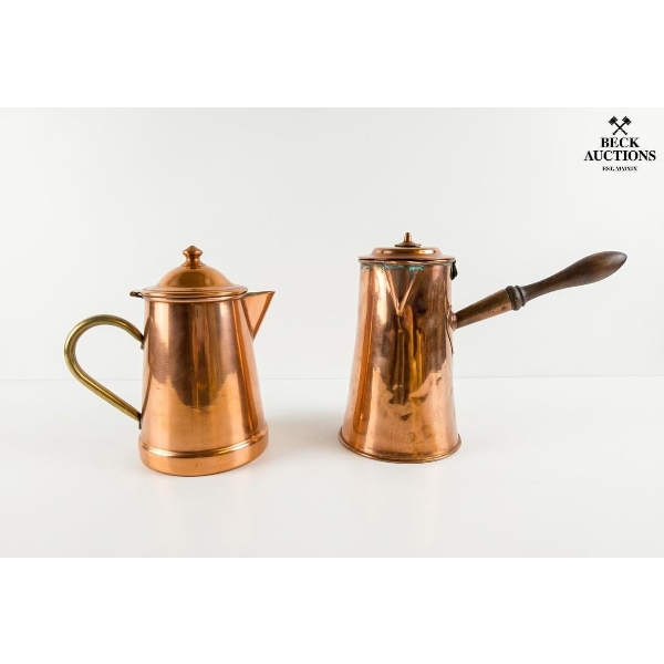  Vintage Copper Pots, Coffee Pot With A Wooden Side Handle 8''IN H And A Matching Copper Teapot 7''H