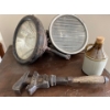 Image 1 : Two large brass and stainless steel headlamps possibly from Ford model A’s along with the vintage an