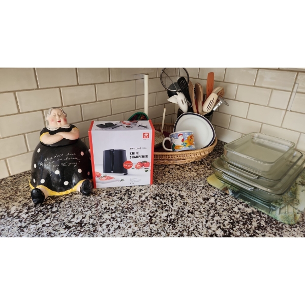 Contents of Countertop/ Cupboards- Cookie Jar, Henckels Knife Sharpener, Stainless Cutlery and More!