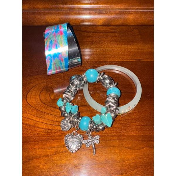 Assortment of Blue Bracelets-Bangle, Charm Bracelet, and Wrist Cuff