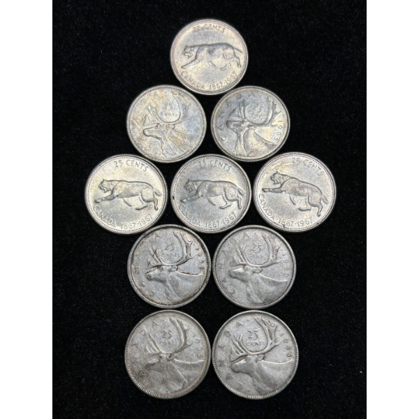 Silver Canadian Quarters x10 variety of dates .800 58.1 g