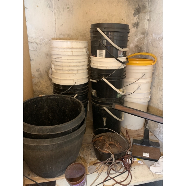 Plastic Buckets, Planters, Cast Iron Pot