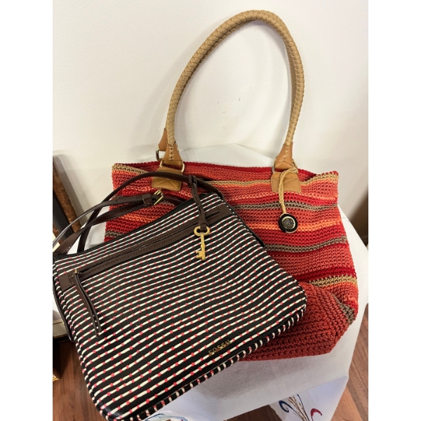 THE SAK Macrame Crochet Zip Top Double Handles Stripe Orange Multi Shoulder Bag plus Fossil Shoulder