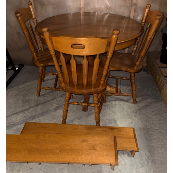 7 Piece Oak Colonial Style Round Wooden Dining Table - 4 Chairs 2 Leaves 1 Table