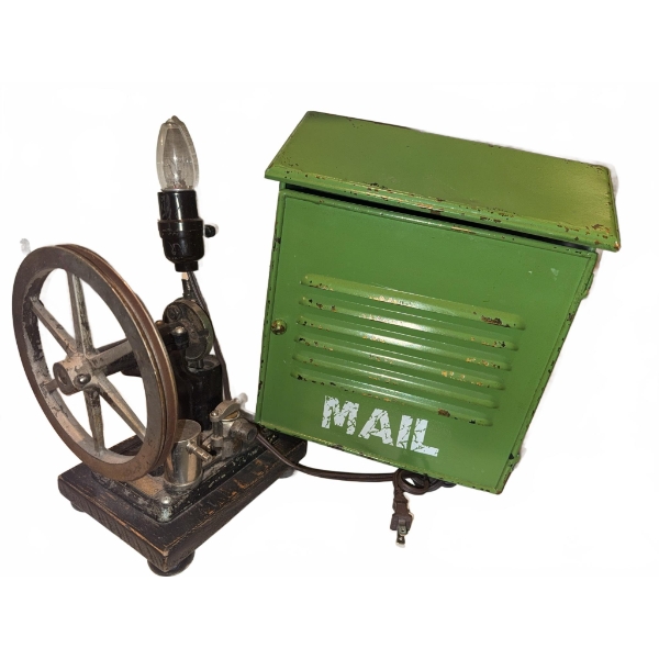 Green Metal Mailbox and Spinning Wheel Lamp