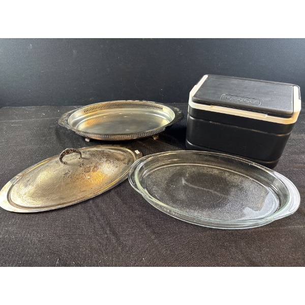 Marlboro Plate EP on Brass Platter Dish with Lid and Crystal Platter Including Mini Hard Cooler