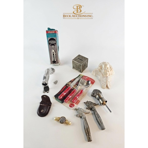 Coca-Cola Memorabilia, Small Metal Piggy Bank,  Cabinet Pulls, Several Decorative Metal And More.