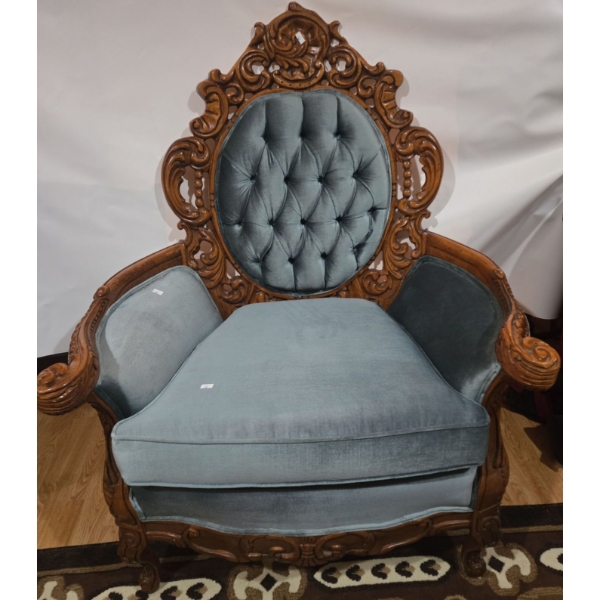 Antique Art Nouveau Single Chair w/ Baby Blue Velvet - 34W, 25D, 42T