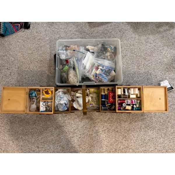 Large Collection Of Sewing Supplies As Well As A Solid Wood Sewing Storage Box .