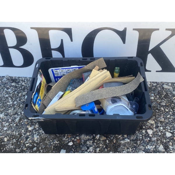 Bin of Drywall and Repair Tools with Quikrete Stucco Patch