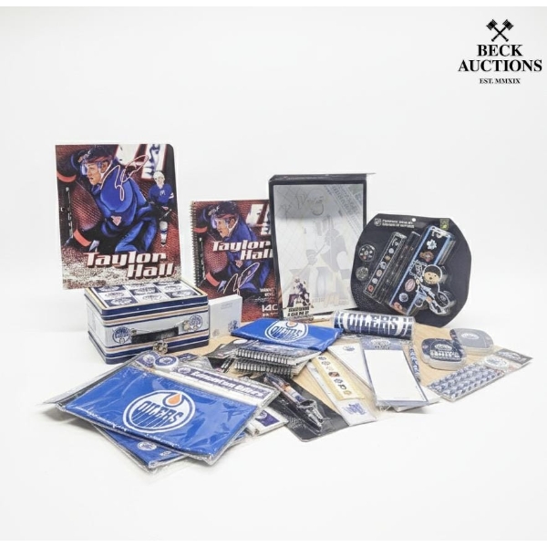 Edmonton Oilers And Taylor Hall Memorabilia And Collectibles, Including A Tin Box, Notebooks, 