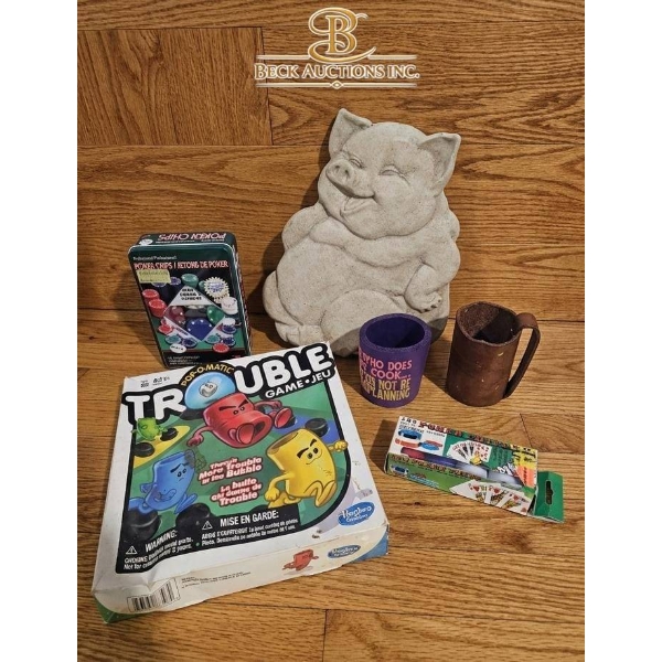 Miscellaneous Items: Board Game, Poker Chips, Garden Sculpture, and Mugs