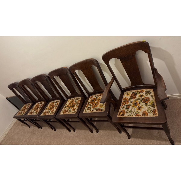 Set of 6 Antique Dining Table Chairs, Wood & Textile, 39In Tall 