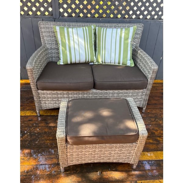 Outdoor Wicker Loveseat and Ottoman Set with Cushions