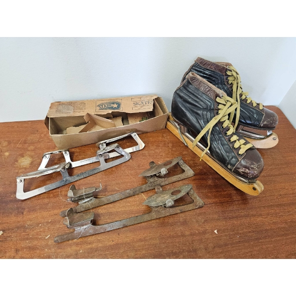 Antique Ice Skates and Accessories Including Vintage Stark Attachments