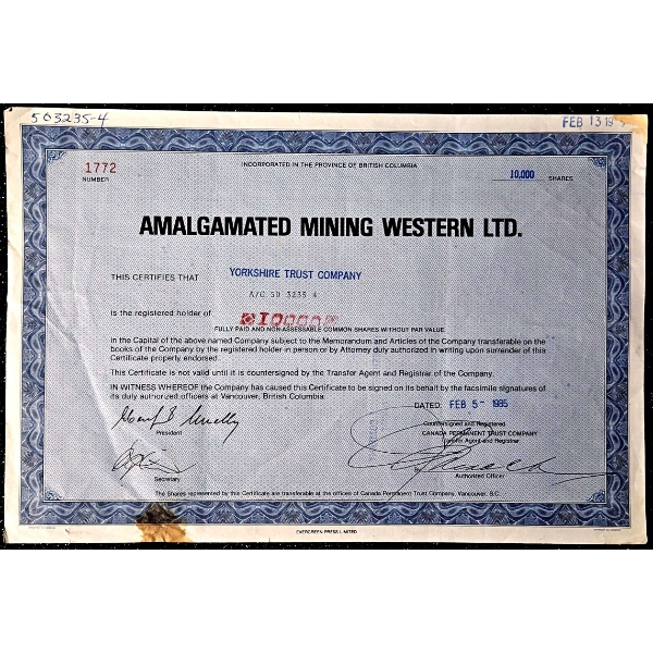Vintage Stock Certificate (1985, Amalgamated Mining Western Ltd.) #4