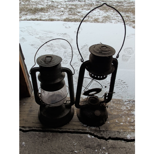 2 Antique Kerosene Lanterns - Hurricane Lamps 16"Tall 