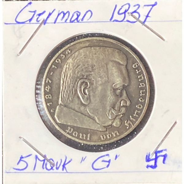 1937 German 5 Mark Coin 90% Silver 13.77 Grams 
