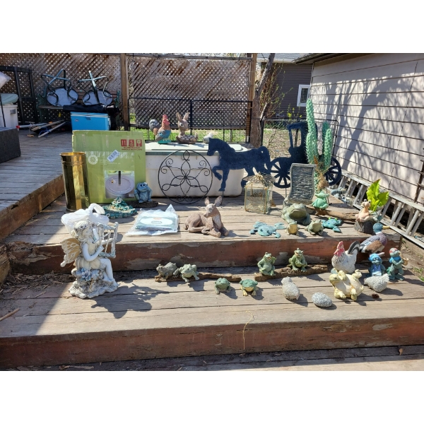 Large Assortment of Lawn and Garden Ornaments, Brass Umbrella Holder, Lazy Susan, Rock Fountain. 2 S