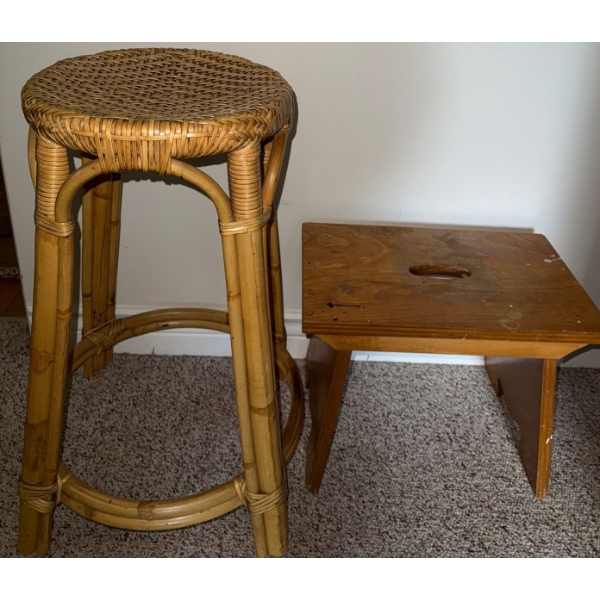 Primitive Antique Milk Stool 31T w/ Scandinavian Style Oak Stepping Stool